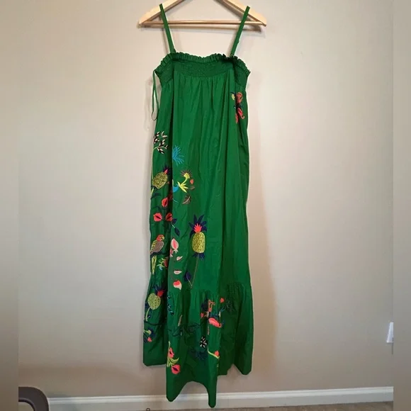 Anthropologie Embroidered Floral Green Strapless Ruffled Maxi Dress Size Medium - Picture 4 of 11